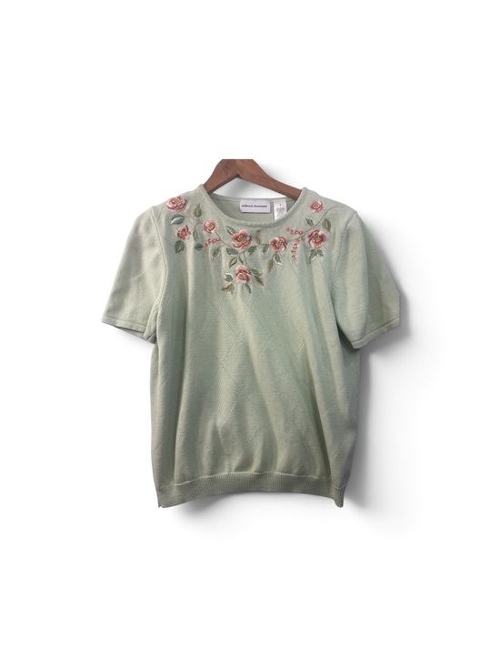 Alfred Dunner Sweaters - Alfred Dunner Floral Embroidered Beaded Short Sleeve Sweater Small Green VTG